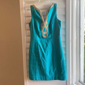 Lilly Pulitzer Janice Shift Aqua and Gold Size 4